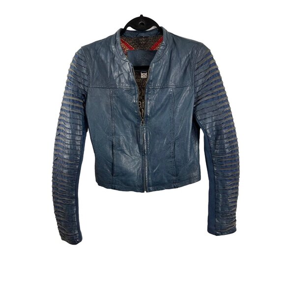 Bano eeMee Blue Leather Moto Jacket Womens Size XS/S - Picture 1 of 16